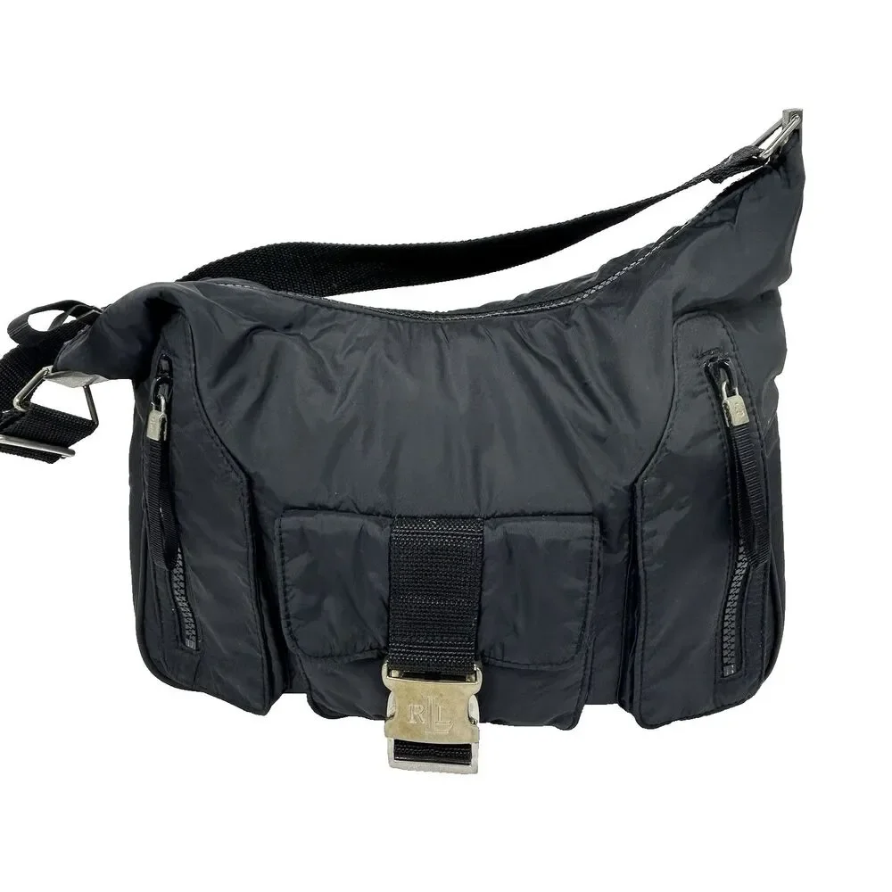 Vintage Y2K Ralph Lauren LRL Hobo Bag Black Nylon Shoulder Handbag Front Buckle